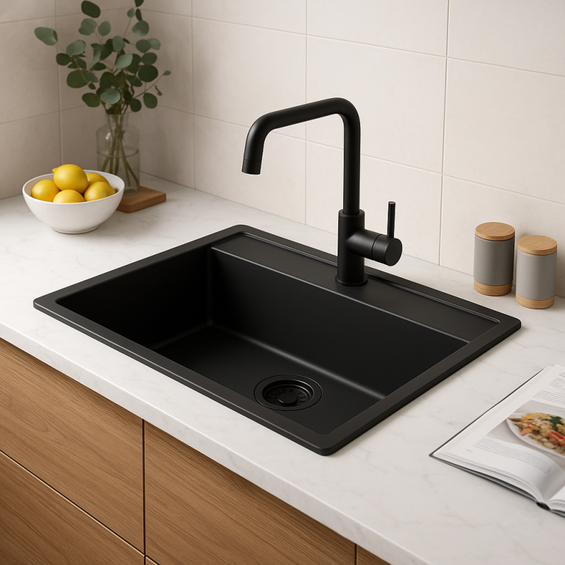 GraniteMy Bremen granieten spoelbak 64x52 cm zwart opbouw onderbouw en vlakinbouw met kraangatbank 1208953874